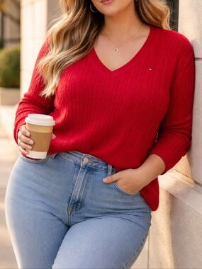 Tommy Hilfiger Plus Size Red Cable Knit Sweater V-Neck Cotton Blend Classic